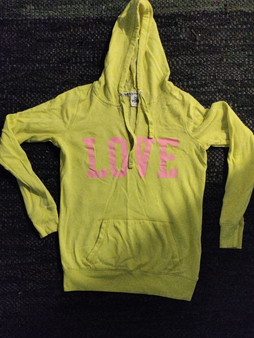 Victoria's Secret Neon Lime V-Neck Hoodie Sweater with Pink LOVE
